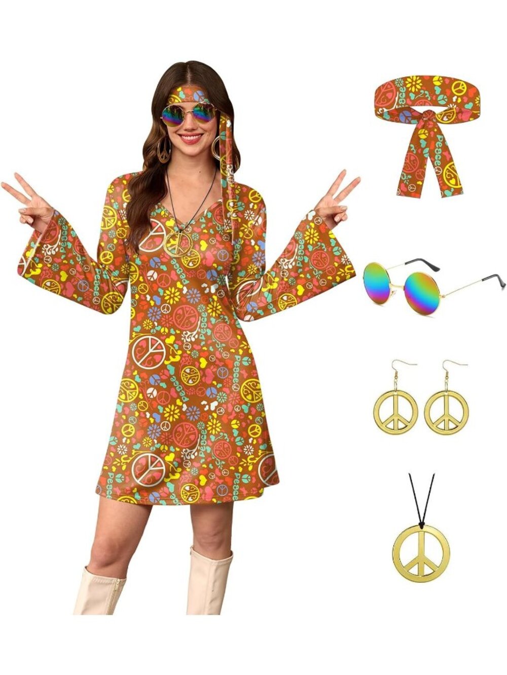 Women's Brown | Hippie 70s Hippie Halloween Costume Sunglasses Dress 5-Piece Set